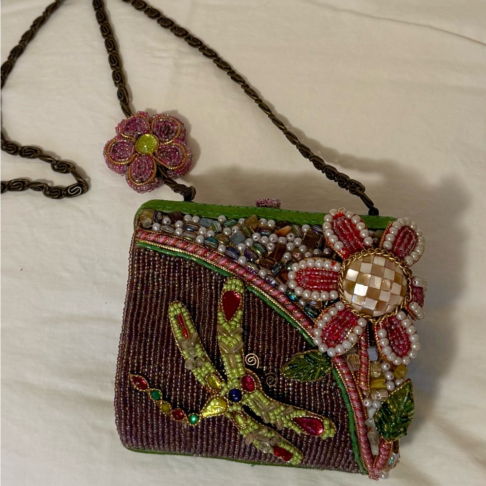 Mary Frances Mini Bag Green and Pink with Floral and Dragonfly Design